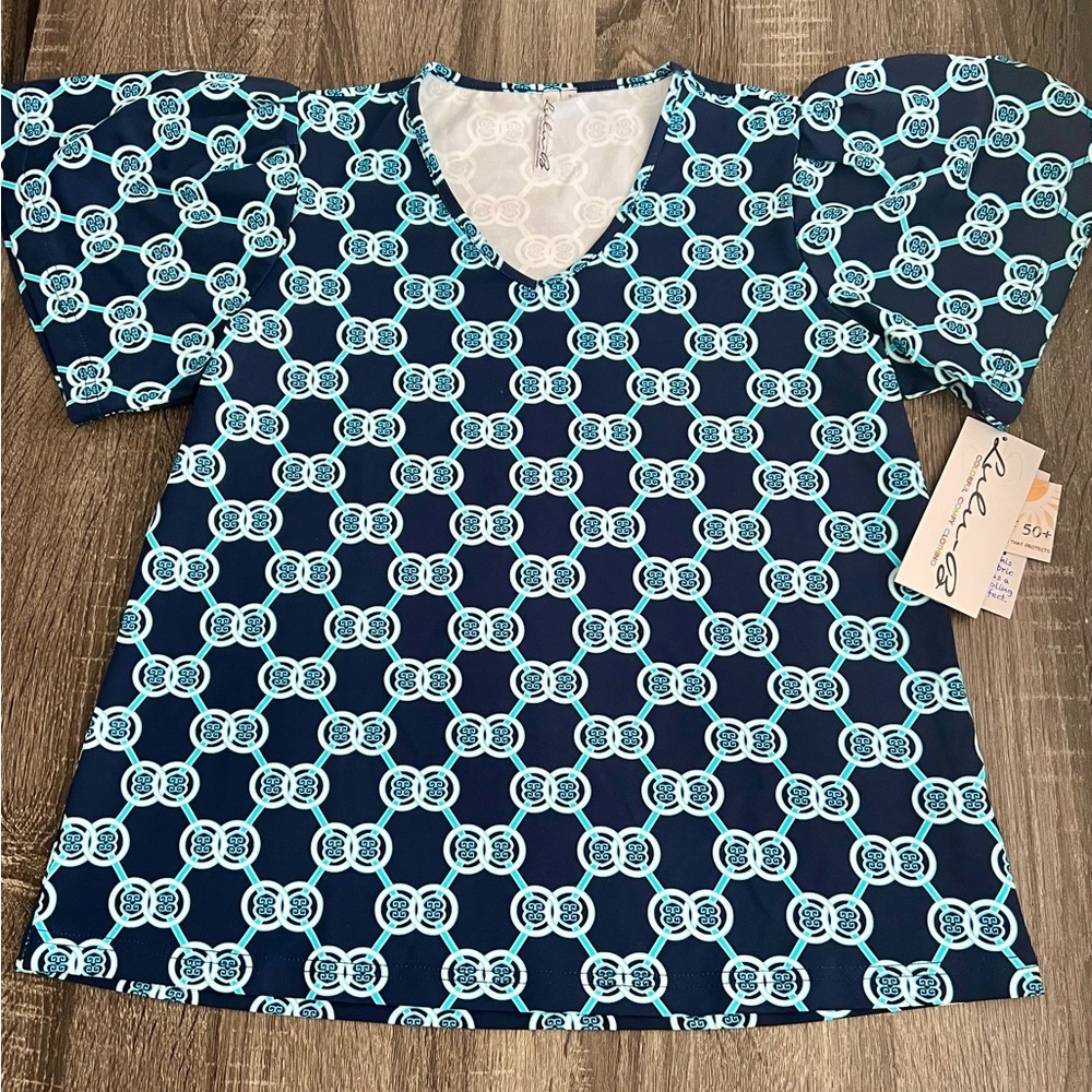 Lulu B Cooling UPF 50 Top Navy Aqua Geo Print Size Small NWT NEW with tags sm s​